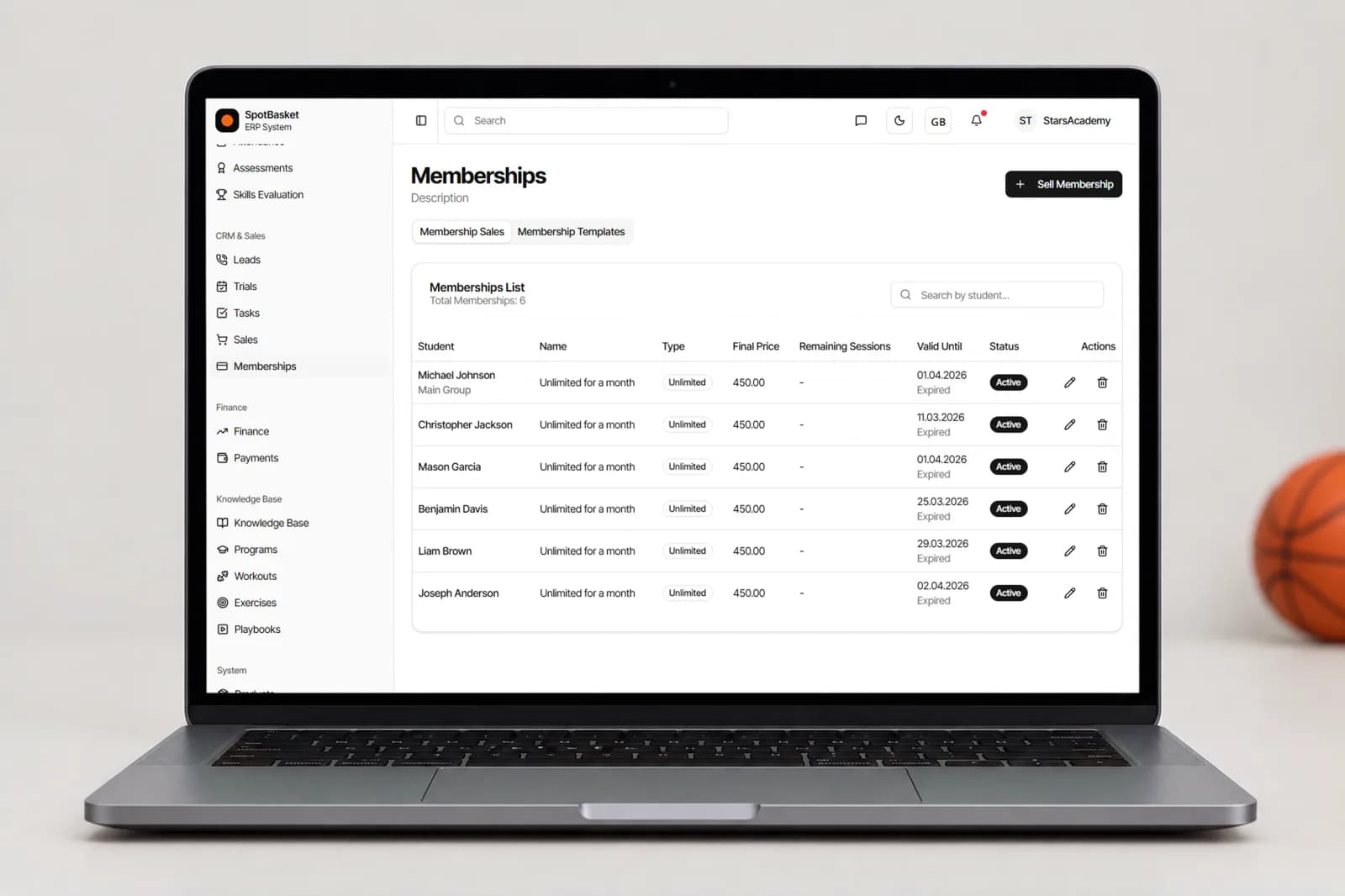 Шаблоны абонементов с ценой, числом занятий и сроком действия в SpotBasket OS
