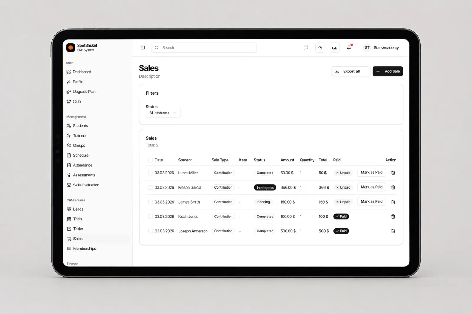 Фиксация оплаты абонемента наличными, картой или в долг в SpotBasket OS
